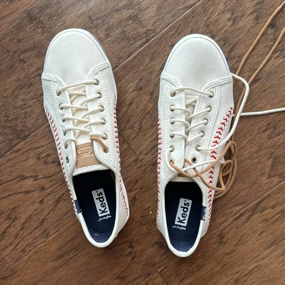 Keds Women's Cream Sneakers with Red Stitching - Picture 2 of 3